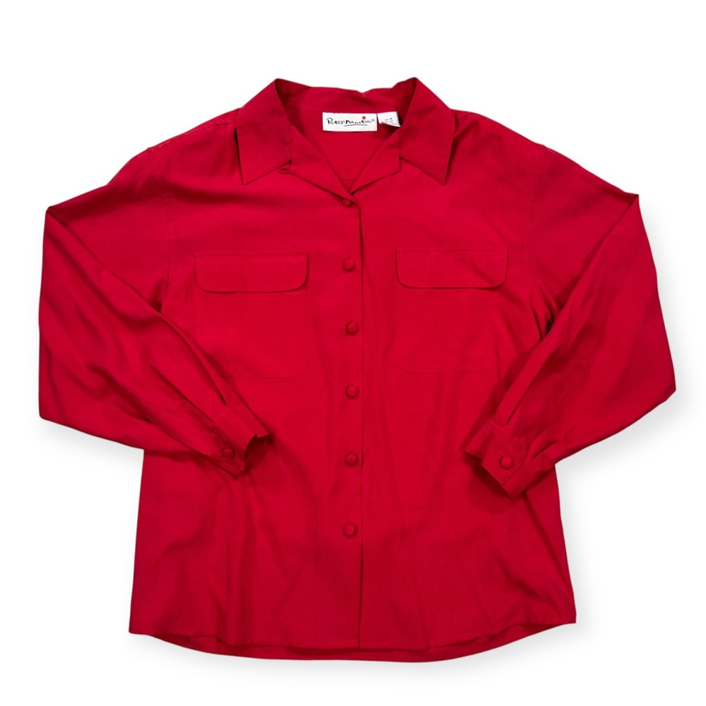 Vintage Peter Martin Blouse Women's M Red 100% Silk Button Up Padded Classic